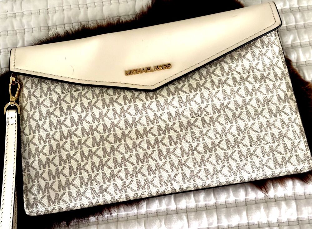 Michael Kors Signature Maisie Cream Large Clutch Envelope Flap Wristlet